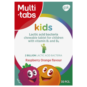 Multi-tabs Kids Maitohappobakt. + B1- ja B6-vitamiini Vadelma-Appelsiini 30 purutabl