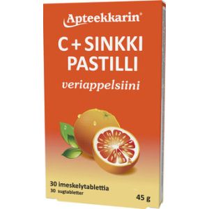 Apteekkarin C+ Sinkki veriappelsiini pastilli 30 kpl