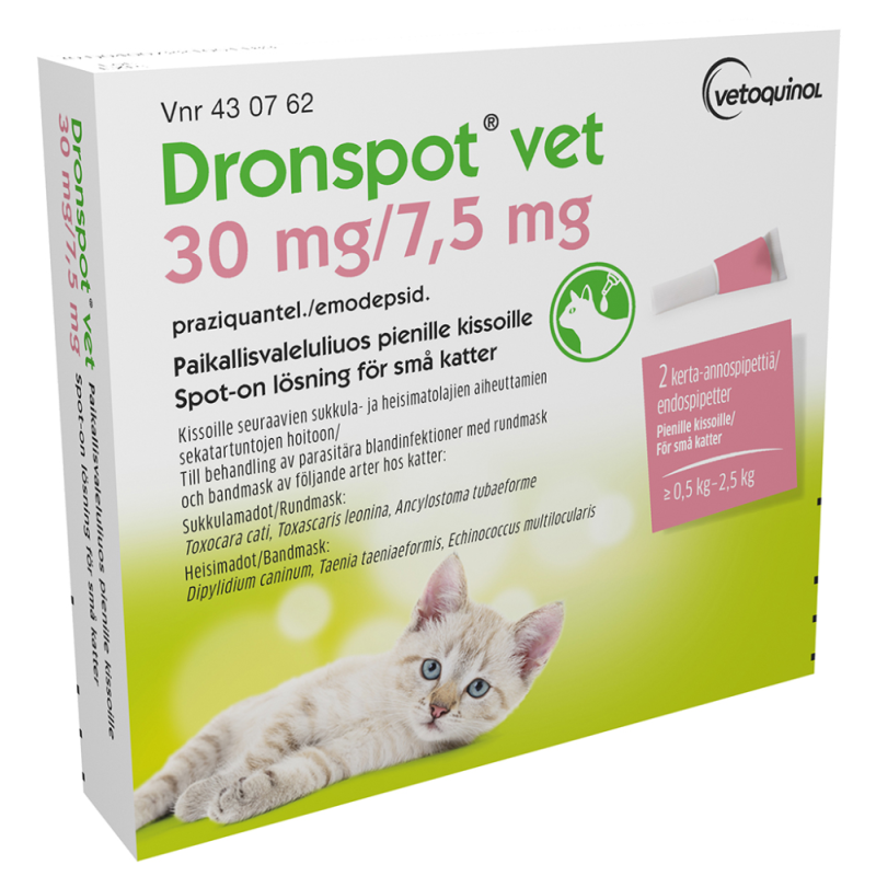 DRONSPOT VET paikallisvaleluliuos 30 mg / 7.5 mg 2 x 0.35 ml